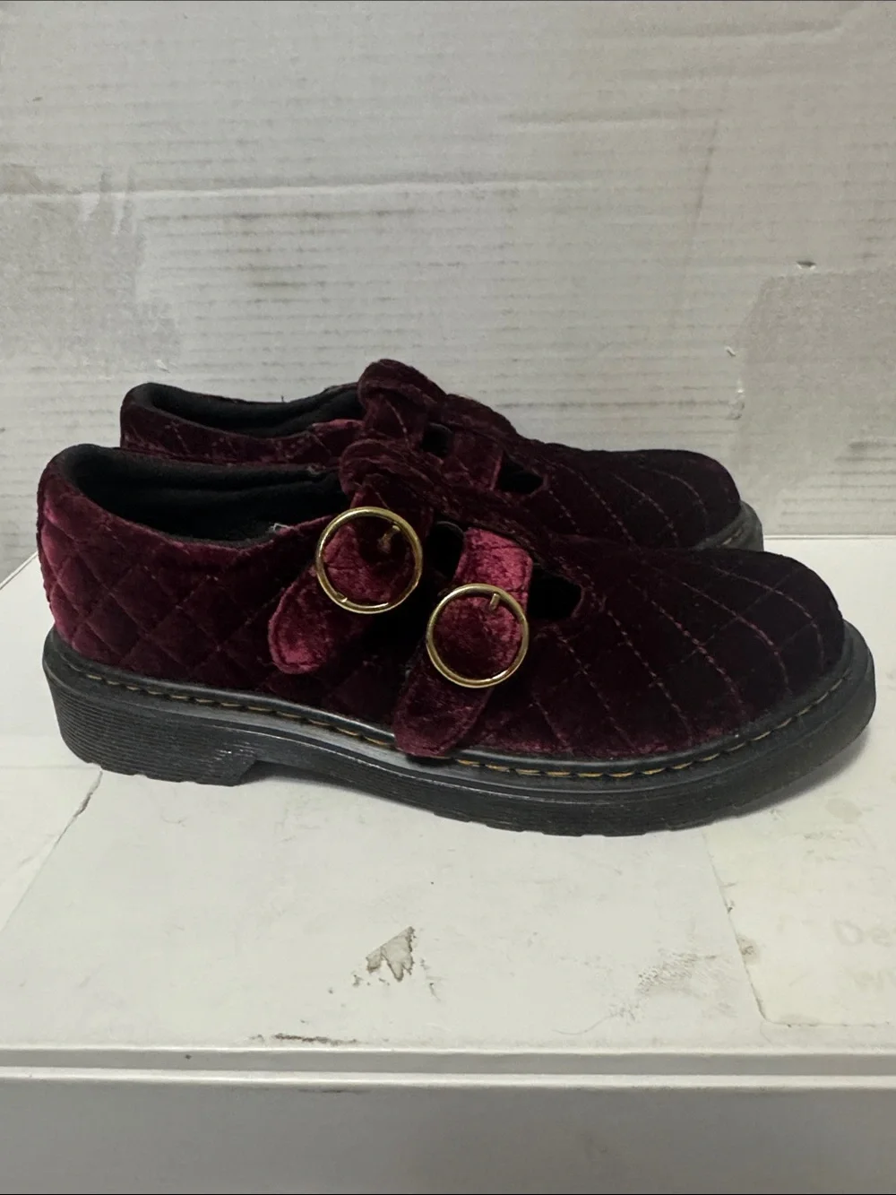 Dr. Martens Kids Quilted Burgundy Velvet Double-Strap Mary Janes